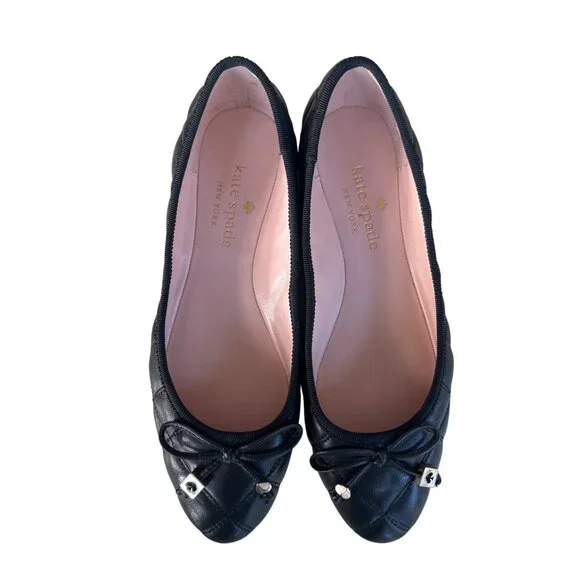 Kate Spade Paris Ballet Flats Women's Size 6.5 Quilted Black Leather Bow Charms - Picture 3 of 6